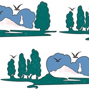Poplar Landscape, green, blue, pink