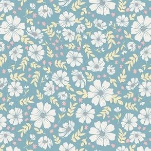 Josie White Flowers, Blue Background, Yellow Leaves, Peach Accents
