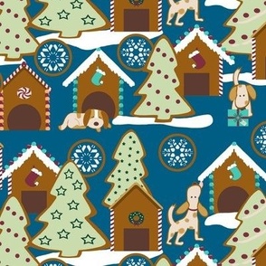 Gingerbread Cookie Dog Houses in Winter, Blue