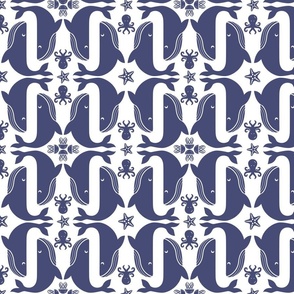 Humpback Whale Song with Starfish, Jellyfish, & Octopus in Navy on White, medium, ROTATED