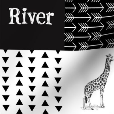 RIVER Safari Patchwork | Vintage Elephant, Giraffe, Lion, Zebra | Wild & Free | B&W | 4x3 6”SQ