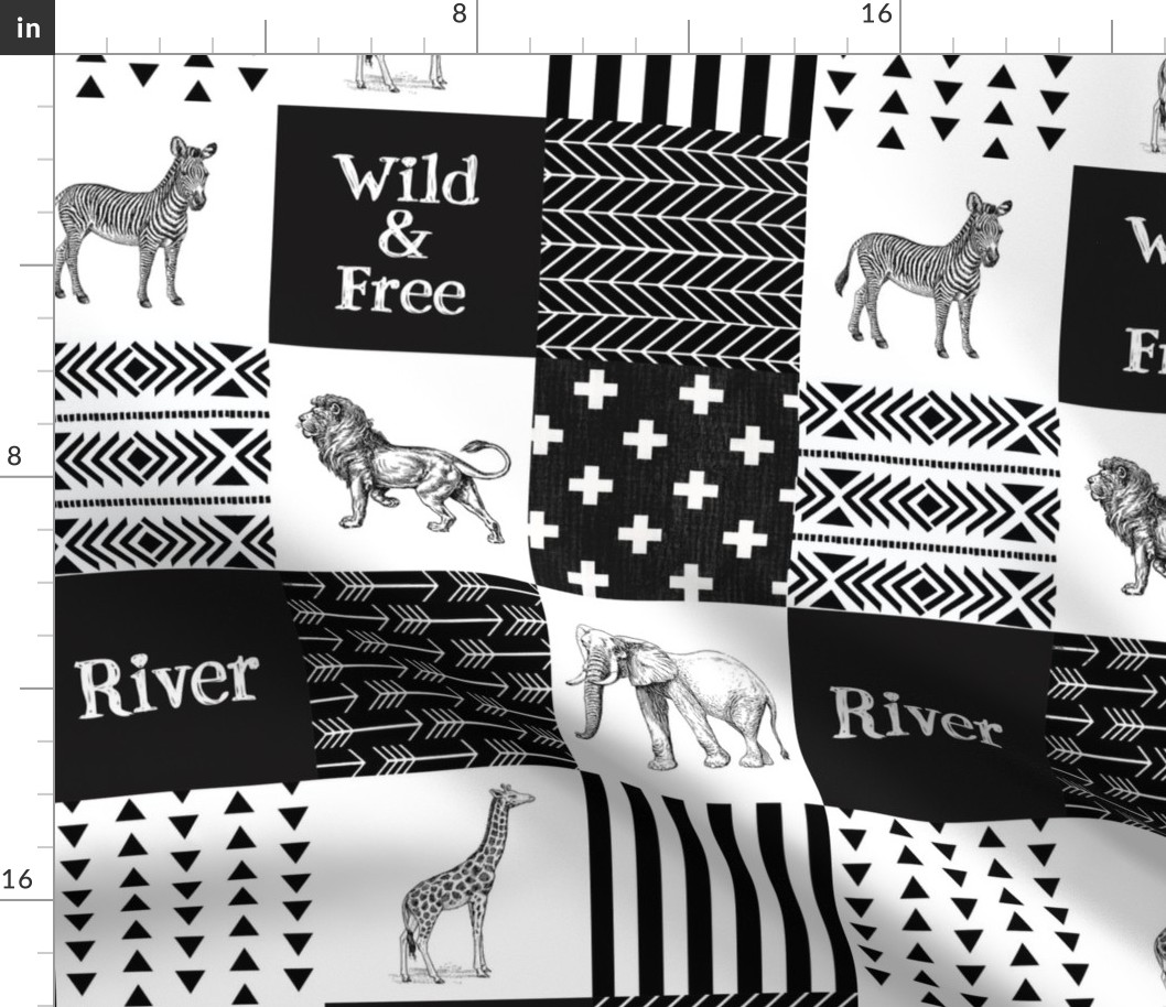 RIVER Safari Patchwork | Vintage Elephant, Giraffe, Lion, Zebra | Wild & Free | B&W | 4x3 6”SQ