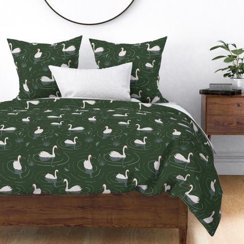 291 - Graceful gentle swans swimming among reeds in the pond - deep green background, large scale for wallpaper, bed linen and more.