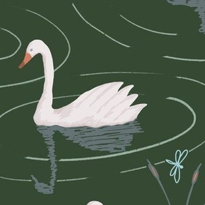 291 - Graceful gentle swans swimming among reeds in the pond - deep green background, large scale for wallpaper, bed linen and more.