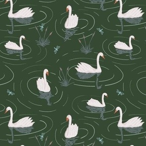 291 - Graceful gentle swans swimming among reeds in the pond - deep green background, medium scale for wallpaper, bed linen and more.