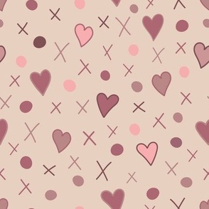 Plush pink doodle pattern with abstract hearts and polka dots