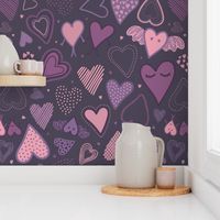 Hand drawn cute cartoon style purple heart pattern