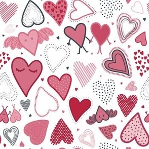 Hand drawn pacific pink and red doodle hearts pattern.