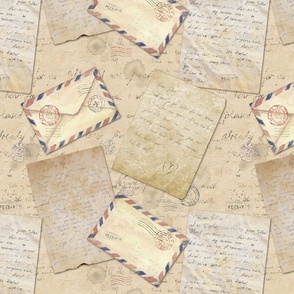 Pattern in vintage style with hand written letters, post stamps, envelopes