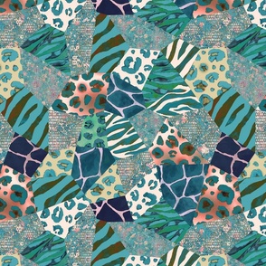 Patchwork style teal texture with animals prints