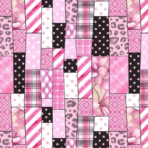 Watercolour patchwork style hand drawn collage. Pink, black, white