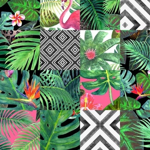 Watercolor patchwork style tropical modern collage