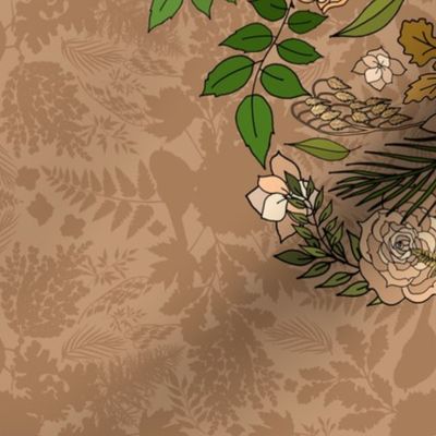 Chickadees in a Muted Garden (Soft Brown) 