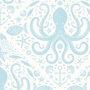 Underwater Adventure Octopus block print XL 24in wallpaper scale baby blue by Pippa Shaw