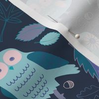 Owls in Autumn - Aqua, lilac and teal on navy - Medium