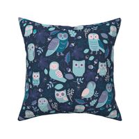 Owls in Autumn - Aqua, lilac and teal on navy - Medium