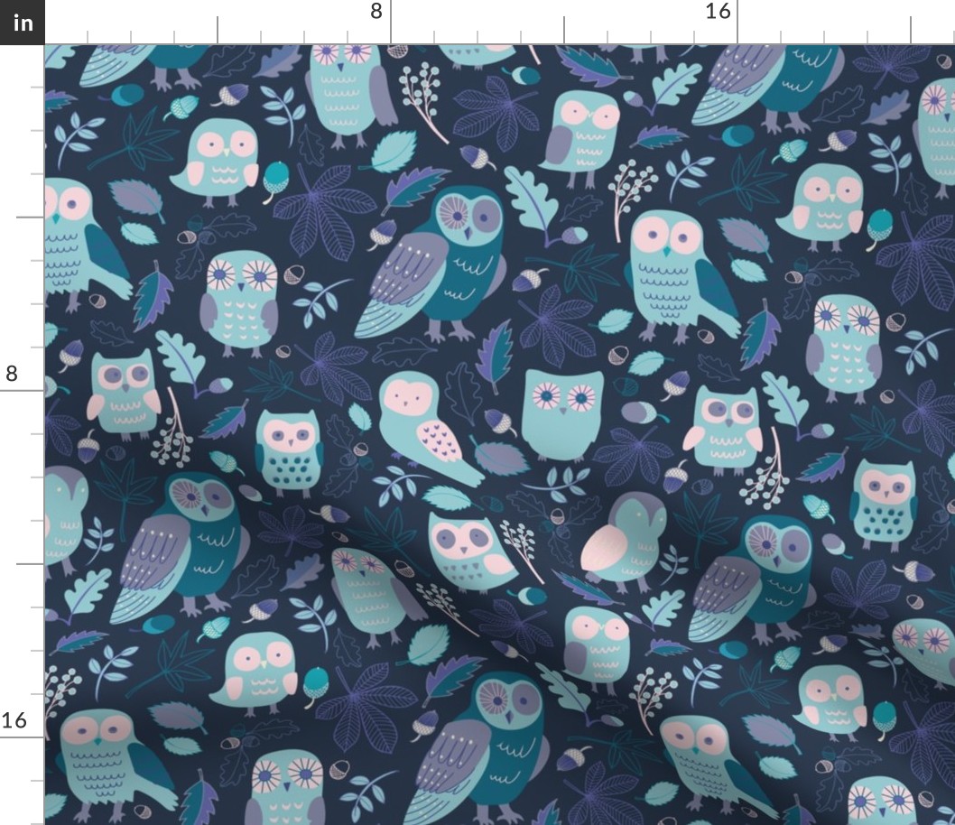 Owls in Autumn - Aqua, lilac and teal on navy - Medium