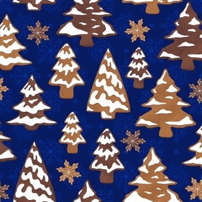 Gingerbread Cookies Snow Covered Trees - Cobalt Blue