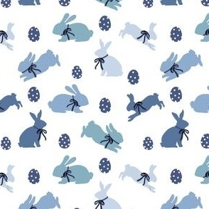 preppy easter rabbit fabric - blue easter, bunnies, blue bows, polka dots