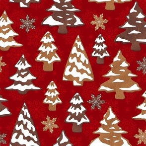 Gingerbread Cookies Snow Covered Trees - Cardinal Red 