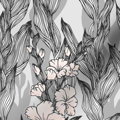 Tropical Bloom in Black and Grey