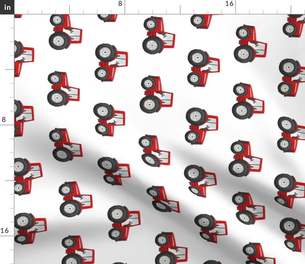 Rows of Red Tractors on white - medium scale rotated