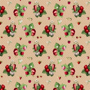 Strawberries and dots on beige ground