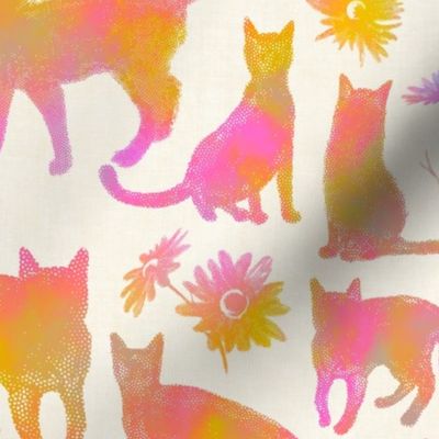 Block Printed Cats and Daisy Flowers 