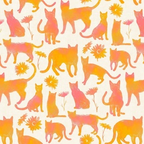 Block Printed Cats and Daisy Flowers - summery orange