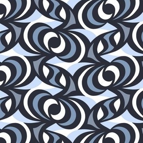 Black, White, Blue and Grey Curvy Abstract Geometric Pattern