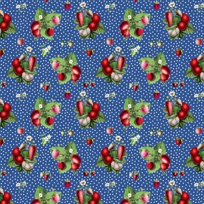 Strawberries and dots on blue ground