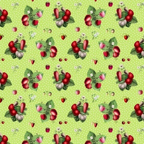 Strawberries and dots on bright green ground