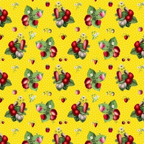 Strawberries and dots on sun yellow ground