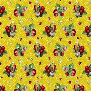 Strawberries and dots on dark yellow ground