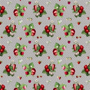 Strawberries and dots on grey ground