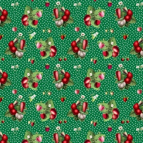 Strawberries and dots on green ground