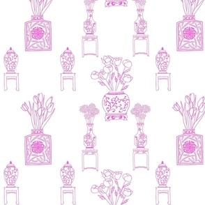 Chinoiserie Living Room 1 - pink on white