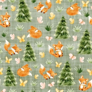 woodland fox green linen