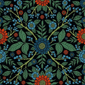 Dark Floral in Turquoise, Jade Green & Red