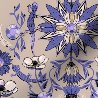 Periwinkle Gemstone & Thistle  Floral with Lizards 400