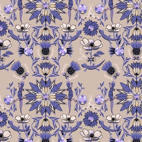Periwinkle Gemstone & Thistle  Floral with Lizards 400