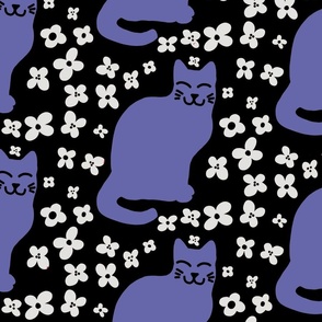 Kitty cat floral in periwinkle and black