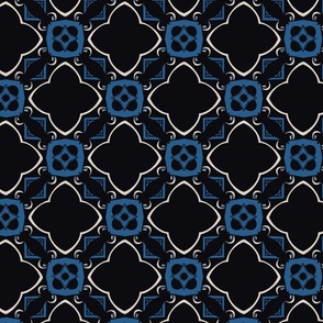 Stencil Geometric Moroccan Tiles, Med Scale - Blue, White, Black