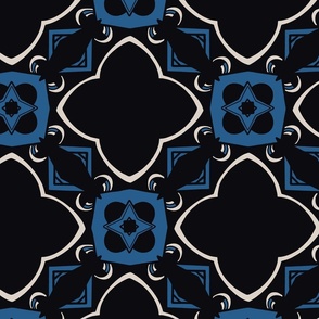 Stencil Geometric Moroccan Tiles, Jumbo Scale - Blue, White, Black