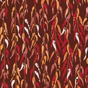 301 - Willow branches and leaves in earthy autumn tones, medium scale for apparel, home decor and soft furnishings - red, burgundy, orange, warm brown