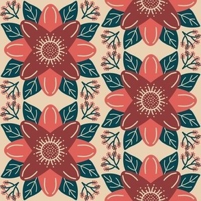 539 - Stylised lotus flower in deep coral, burnt umber and dark teal, with little branches of berries for balance - large scale for bed linen, throw pillows and table linen.