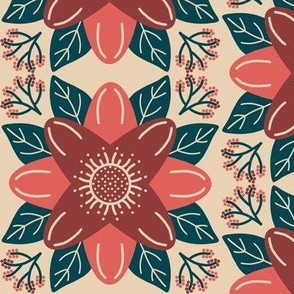 539 - Stylised lotus flower in deep coral, burnt umber and dark teal, with little branches of berries for balance - large scale for bed linen, throw pillows and table linen.