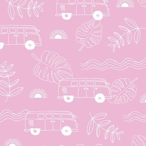 Tropical island travel camper van surf trip with leaves sunset and bus cool kids nursery design bright pink girls