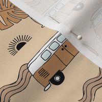 Tropical island travel camper van surf trip with leaves sunset and bus cool kids nursery design cream caramel burnt orange vintage neutral palette