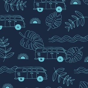 Tropical island travel camper van surf trip with leaves sunset and bus cool kids nursery design aqua blue on navy night